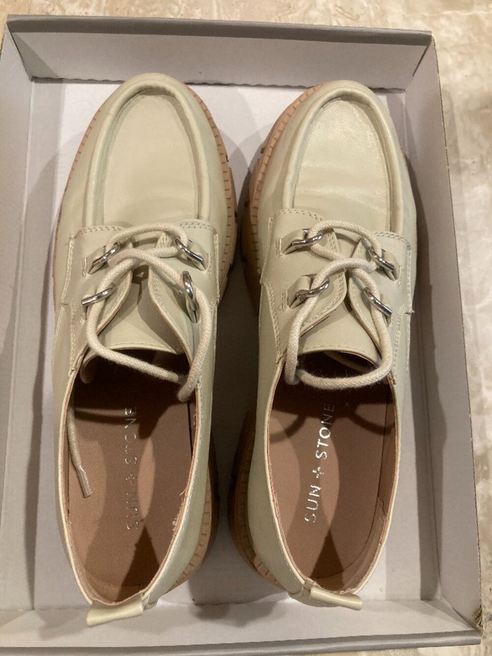 Sun + Stone Linnaa Cream Leather Lace-Up Platform Loafers Size 8.5
